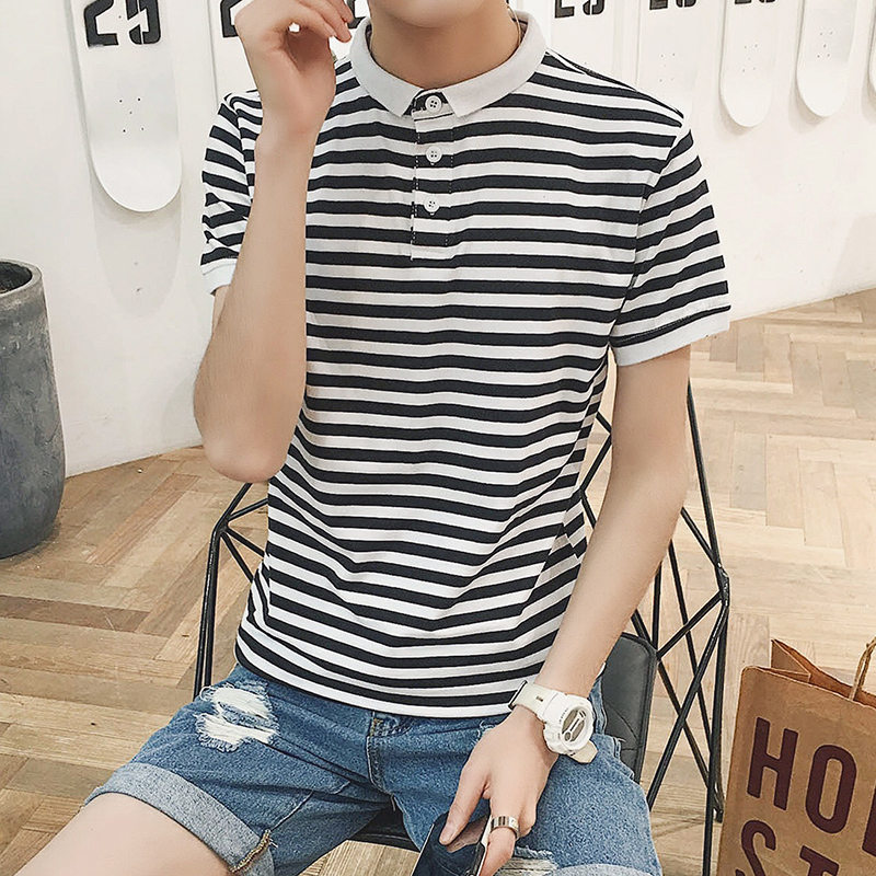 夏天韩版潮流带领短袖polo衫男士土潮男短轴条纹T恤个性男装上衣
