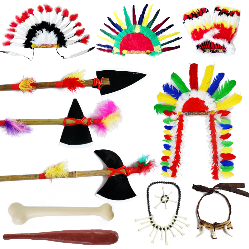 印第安非洲土著野人酋长羽毛头饰帽子油彩项链仿真骨头棒表演道具