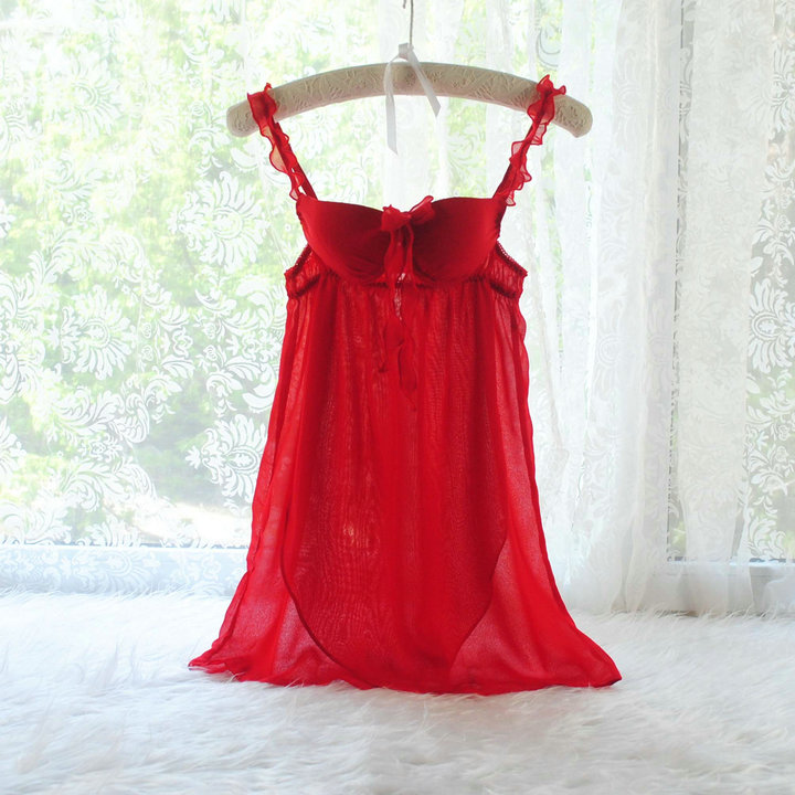 特价热辣钢圈罩杯吊带雪纺纱睡衣性感妩媚短款流行大红色钢托睡裙