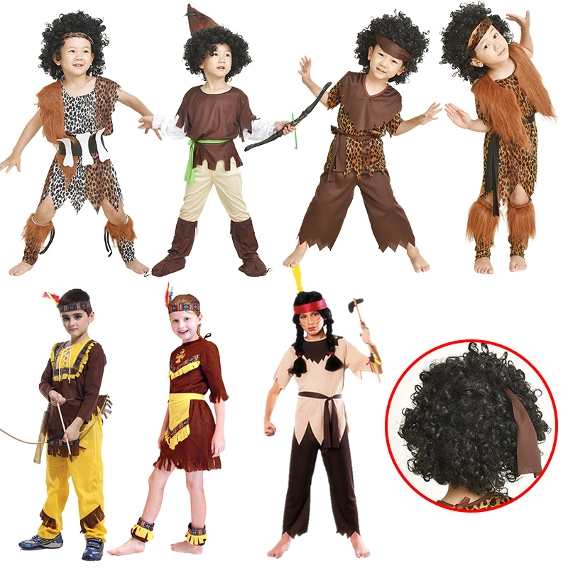 儿童野人演出服疯狂原始人衣服非洲舞蹈豹纹装猎人印第安表演服装