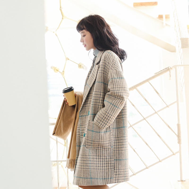 MISS D 冬季新款韩版拼色格子长袖西装领中长款正装毛呢外套女