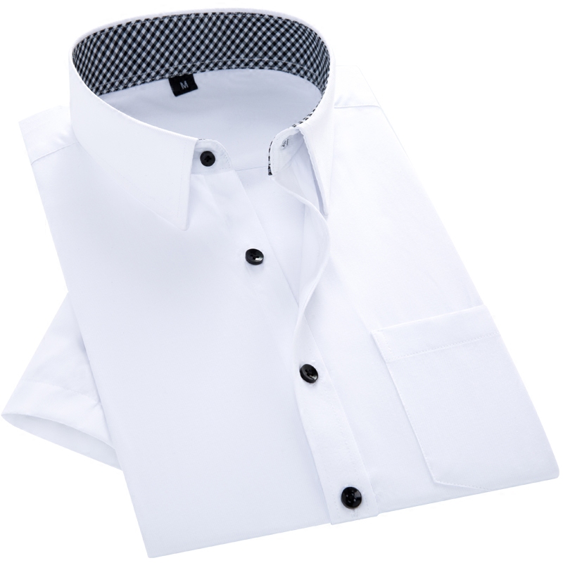 易文夏季男工装短袖衬衫免烫修身商务衬衣白色工作服纯色男士寸衫