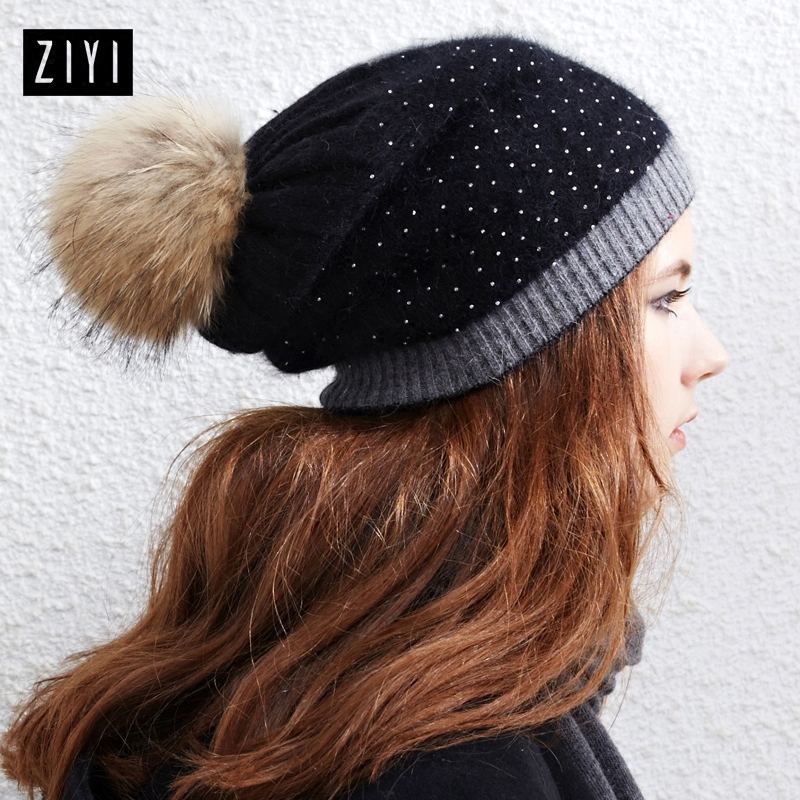 ZIYI 7系新款冬季帽子女 双色烫钻兔毛针织帽 韩版球球堆堆毛线帽