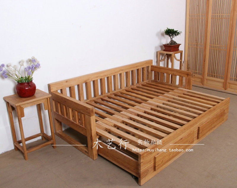 老榆木床子母床推拉床罗汉床实木床单人床伸缩床定制伸缩沙发床