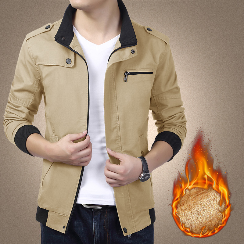 秋冬款男装青年韩版修身加绒加厚夹克衫纯棉衣服外穿上衣纯色外套