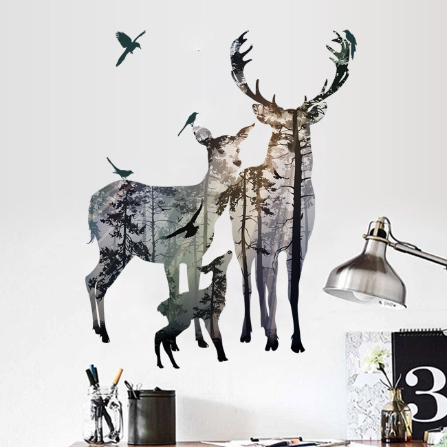 个性麋鹿剪影创意3D抽象森林小鹿贴纸 卧室客厅沙发背景墙装饰贴