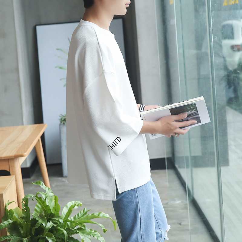 夏季七分袖港仔男宽松版休闲学生蝙蝠袖T恤韩版圆领短袖上衣纯色