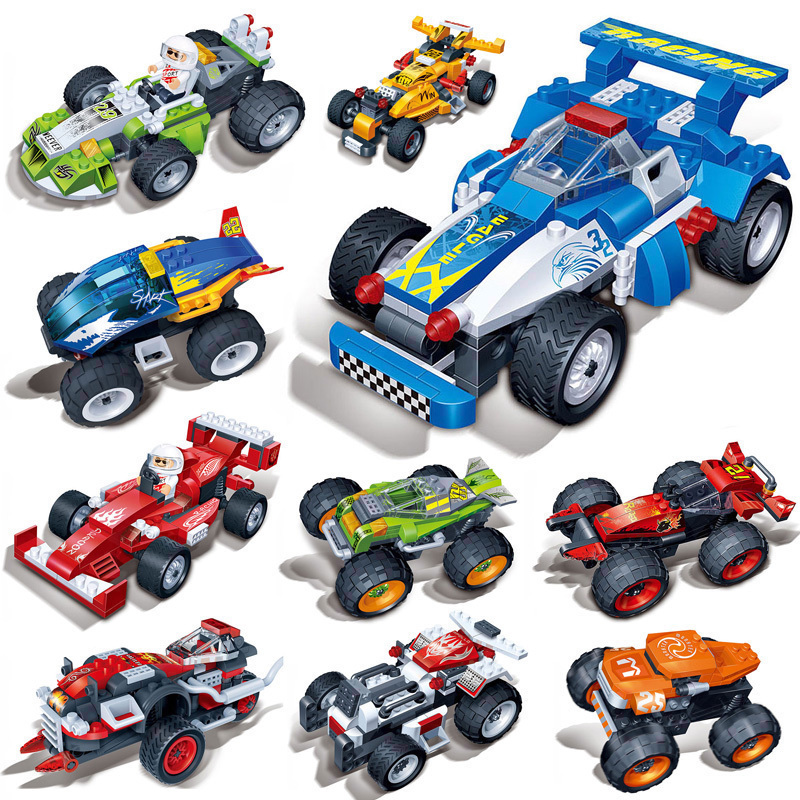 邦宝积木回力车儿童益智拼装积木玩具跑车组装汽车F1竞赛车模型车