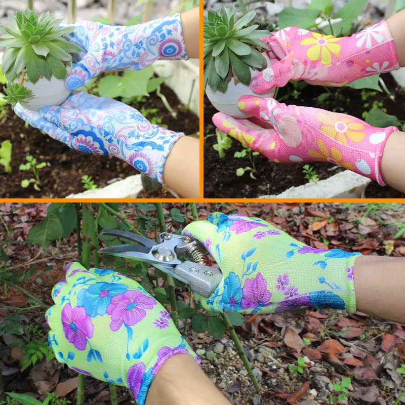 印花薄款防刺透气防扎种花园艺手套花园防护手套PU工作劳保手套