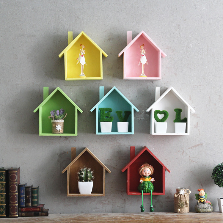 创意小房子多功能置物架墙上装饰架木质挂件儿童房壁挂装饰品