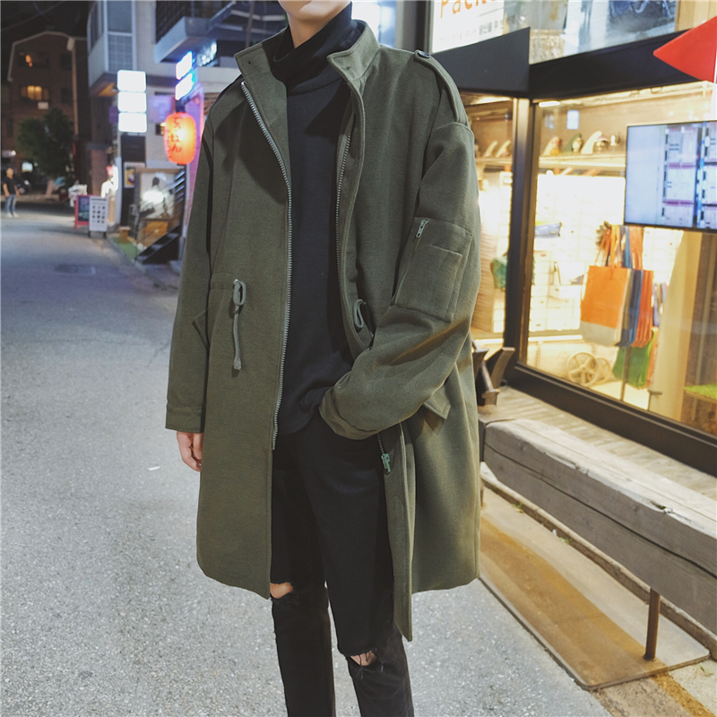 秋季男士风衣中长款韩版潮流新款纯色大衣修身男装学生立领外套