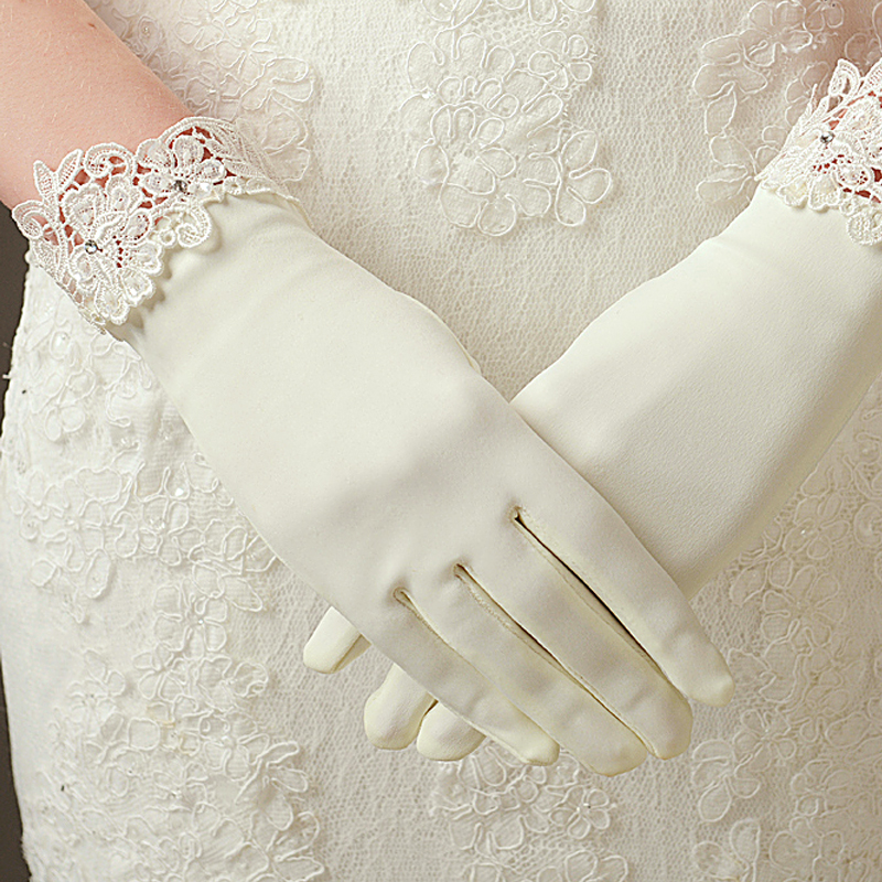 新娘手套短款蕾丝夏季韩版婚纱手套薄款 白色弹力缎面婚纱短手套