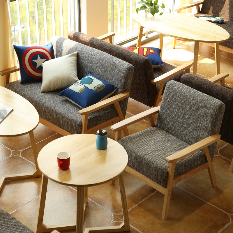 北欧实木扶手布艺沙发咖啡馆餐厅休闲沙发椅单人双人皮艺沙发组合