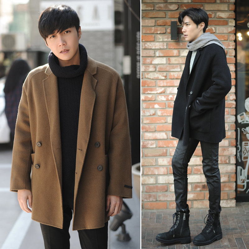冬季韩版青年男士中长款加厚呢子大衣纯色英伦休闲风衣毛呢男外套