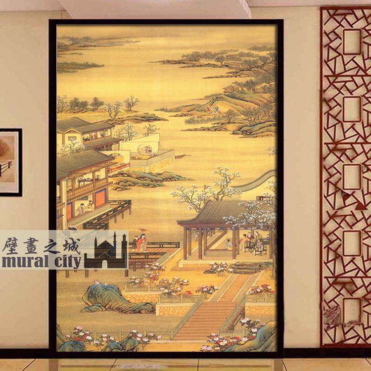 清朝十二月令图壁纸新中式山水人物墙纸古典明清山水画壁画背景墙