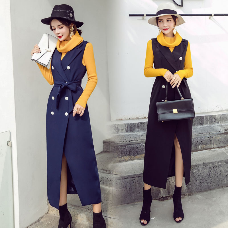 2013秋季金兰妃修身常规通勤韩版长款无袖西装领双排扣纯色风衣