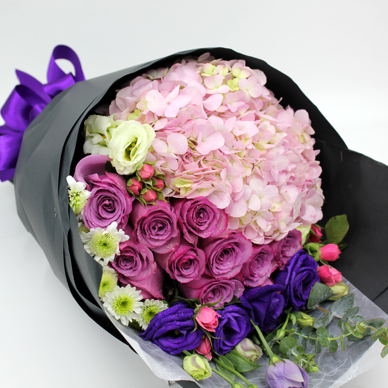 粉紫香槟红玫瑰花束混搭绣球北京同城鲜花速递生日鲜花送花上门