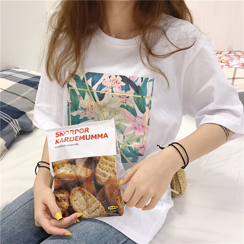 夏季韩国棉质宽松百搭五分袖鎏金植物花卉贴图印花中长款圆领T恤