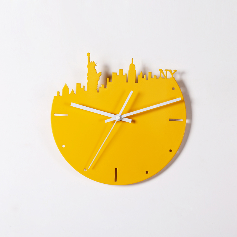 现代简约创意铁艺黄色城市剪影系列 挂钟装饰品摆件北欧挂钟墙饰