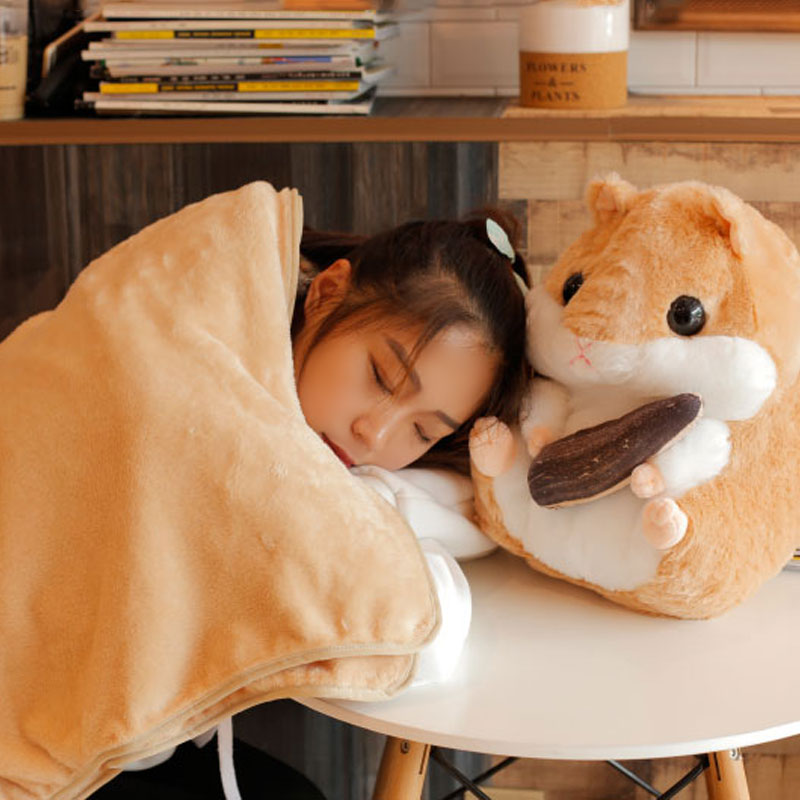 可爱仓鼠卡通午睡枕头被子两用多功能汽车靠垫空调被靠枕毯子