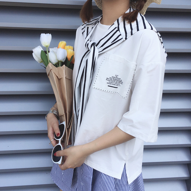 春夏女装韩版学院风宽松短袖T恤字母口袋学生体恤上衣+条纹围巾潮