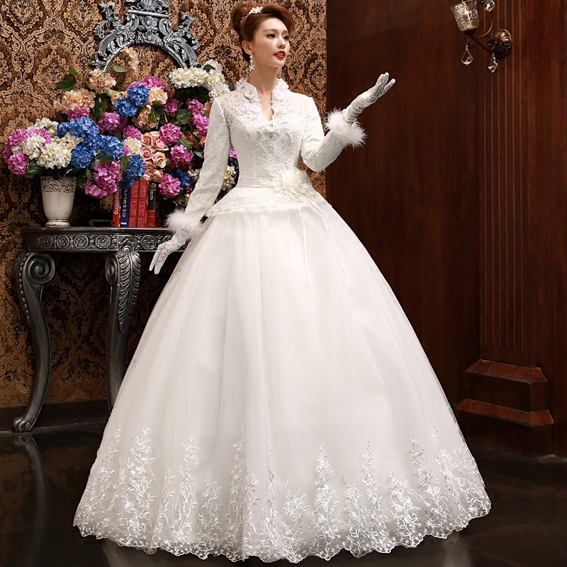 婚纱礼服2016新款韩式冬季婚纱加厚新娘结婚白色齐地长袖冬款显瘦