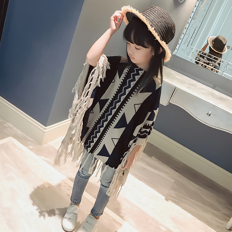 女童针织斗篷2017秋装新款韩版女宝宝儿童装春秋款时尚蝙蝠衫外套