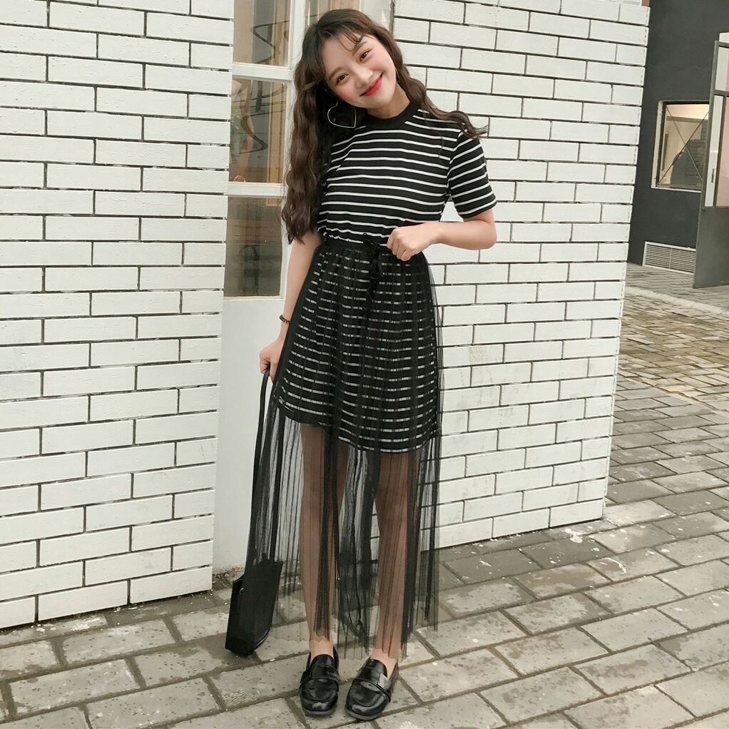 春夏女装2017新款韩版中长款宽松短袖T恤裙学生条纹上衣+纱裙套装