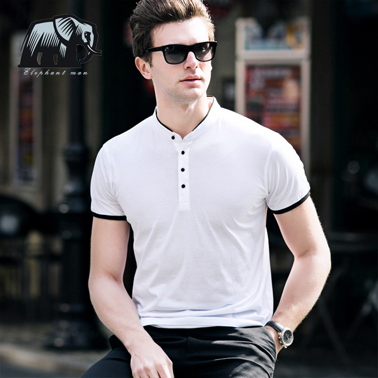 Elephant Man。男短袖2017新款纯棉T恤纯色V领小立领半截袖Polo衫