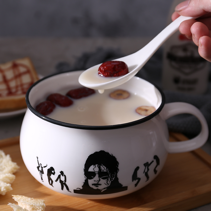 怀旧复古燕麦牛奶杯带盖早餐杯麦片碗大号带把碗杯子陶瓷仿搪瓷杯