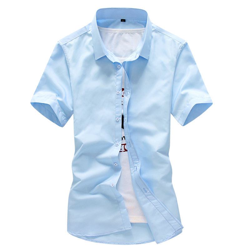 夏季薄款纯色短袖衬衫男青少年韩版修身休闲短袖衬衣男装白色寸衫