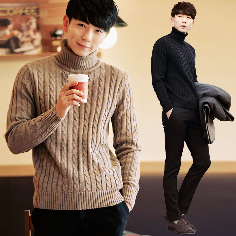 秋冬季韩版修身高领男士毛衣纯色套头英伦学生针织衫男加厚毛线衣