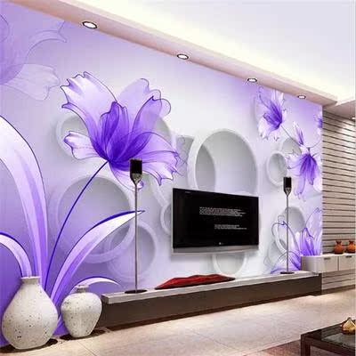 3D现代简约无缝壁画梦幻紫百合透明花朵时尚壁纸客厅电视背景墙纸