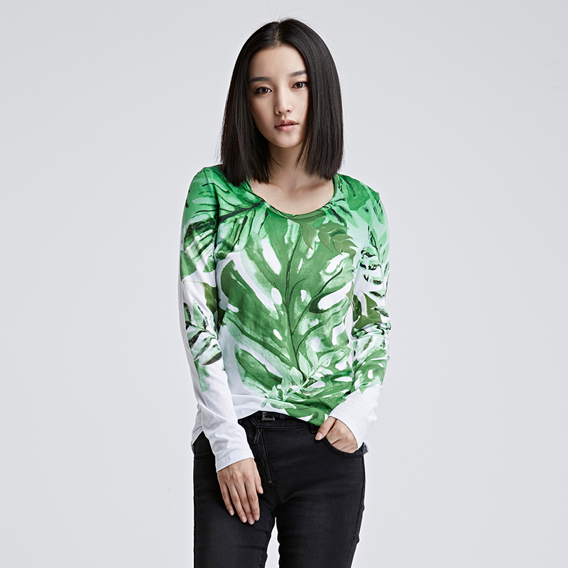 sdeer女17冬装鲜艳印象主义植物印花打底长袖T恤S16480257