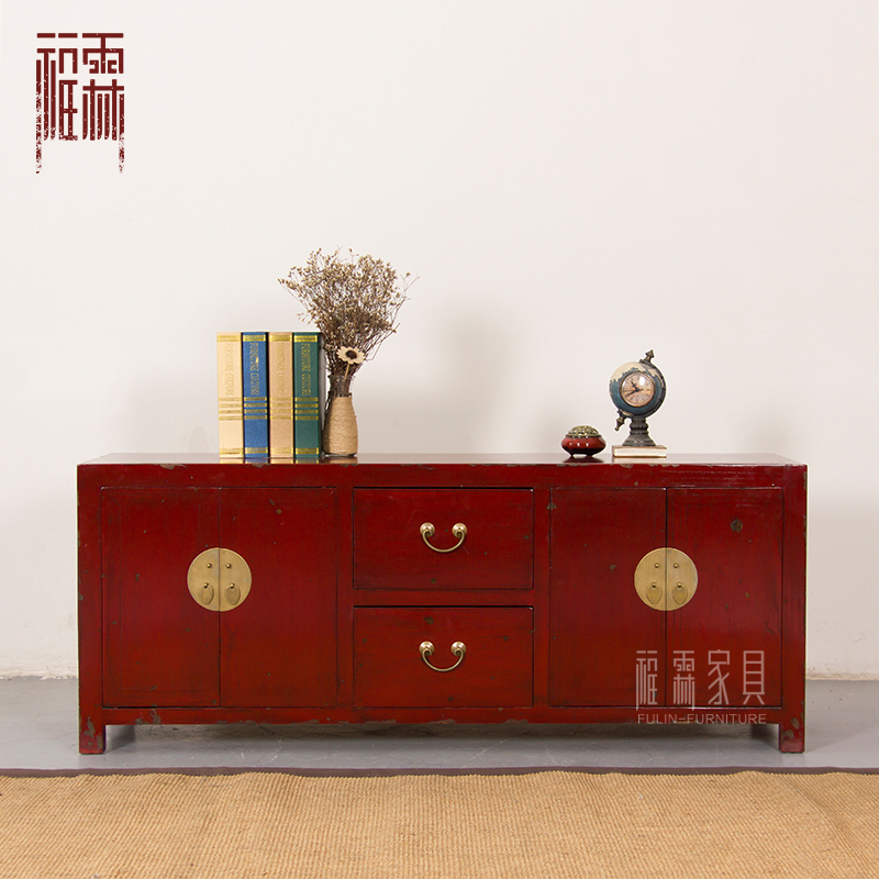 新中式榆木红色彩绘电视柜仿古做旧视听柜矮柜实木收纳储物柜地柜