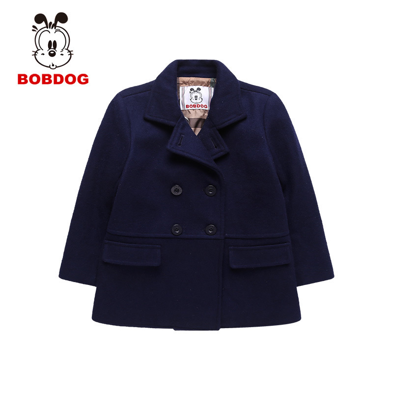 Bobdog巴布豆童装冬季毛呢男童加厚中长款韩版外套双排扣呢大衣