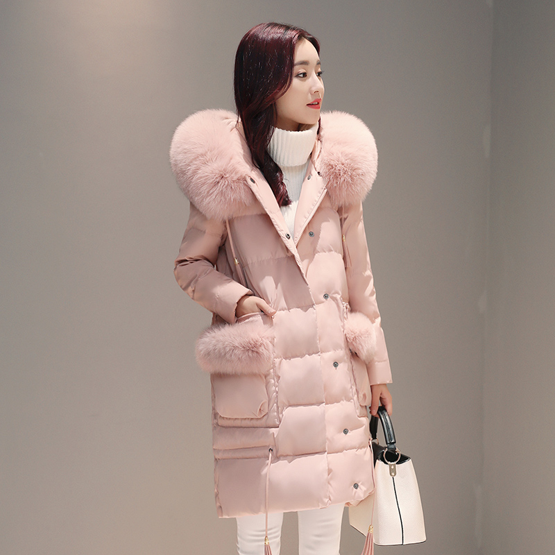 新款韩版加厚中长款羽绒服女装 2016年冬季时尚大毛领a字显瘦外套