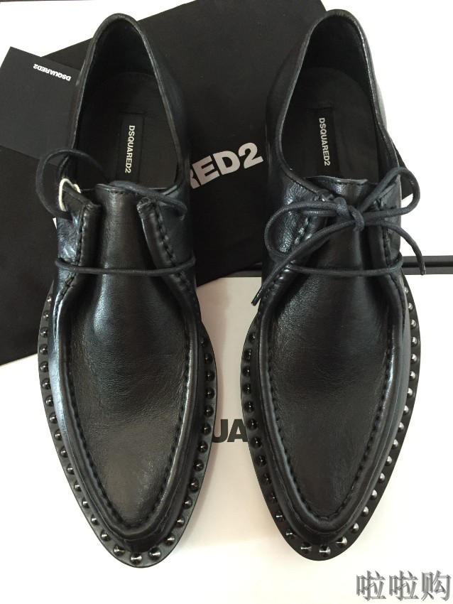 特价Dsquared2 男士 黑色铆钉 朋克风格 尖头 休闲皮鞋  正品现货