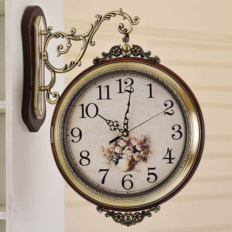 ANSEL实木金属双面挂钟静音欧式客厅两面挂表创意墙钟石英钟表