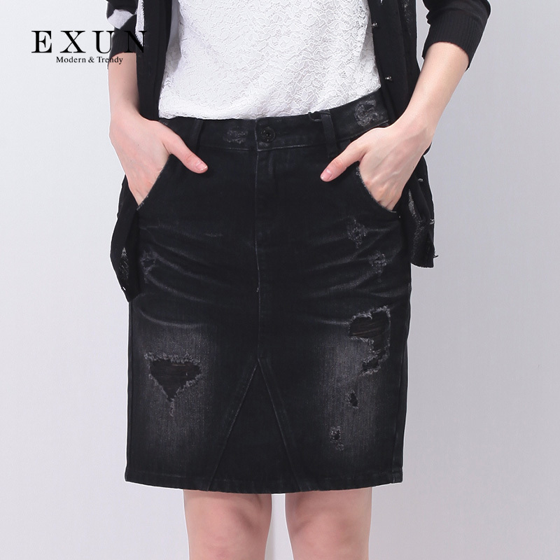EXUN女装2017秋季专柜新款中裙磨破黑色牛仔裙开叉包臀半身裙