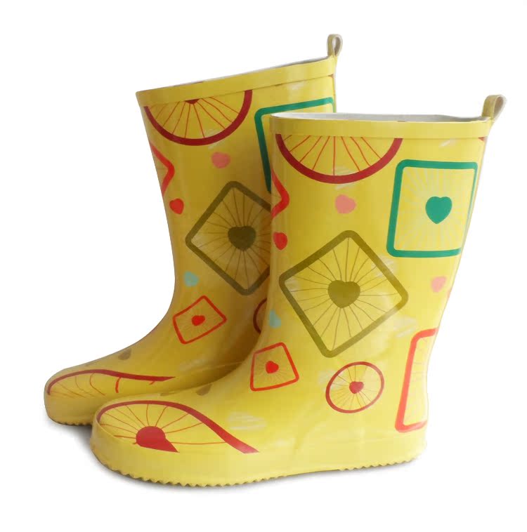 大码新款黄色时尚印花橡胶中筒平底女士雨鞋雨靴