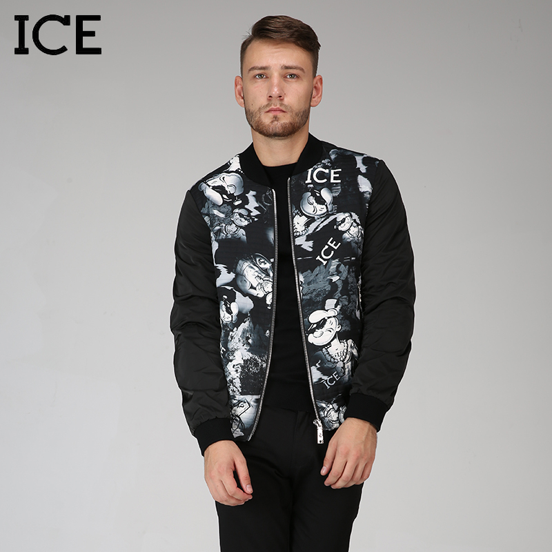 ICE男装时尚印花羽绒服冬季新款立领短款修身青年加厚保暖外套