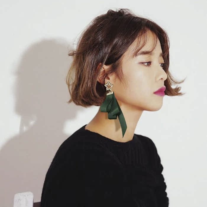 韩国洋气墨绿色 杂志款 性感夸张丝带五角星气质大耳环耳饰女款