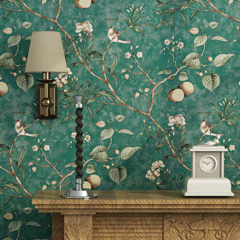 美式复古做旧苹果树花鸟墙纸东南亚墨绿色卧室客厅背景无纺布壁纸