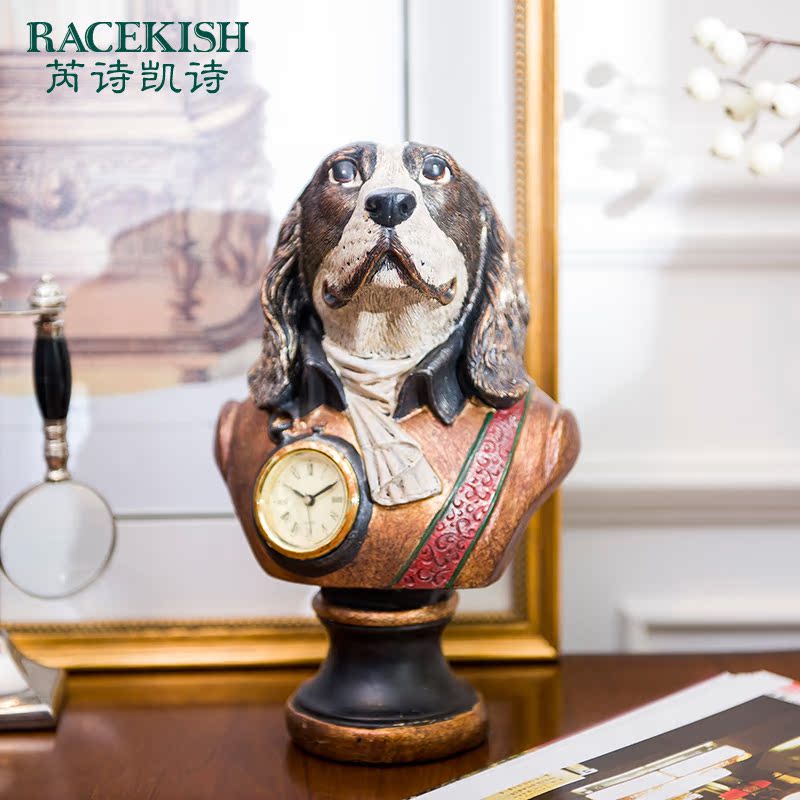 芮诗凯诗 安克亚系列美式乡村彩绘树脂狗头时钟家居装饰钟表摆件