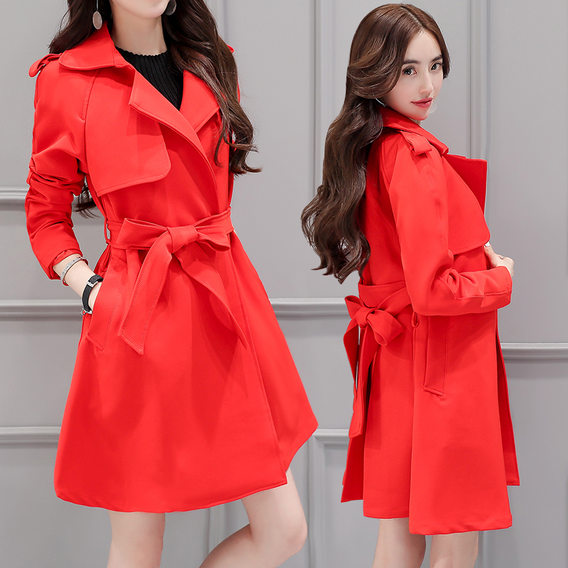 秋季风衣女中长款2016春装新款韩版修身显瘦英伦女装红色春秋外套