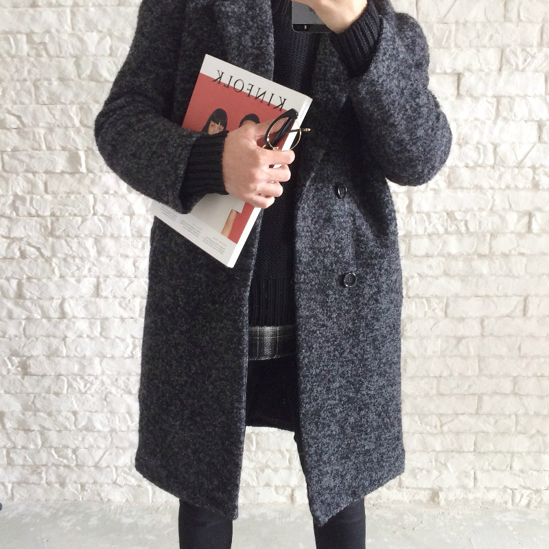【JM】韩国冬季 茧型廓形粗花毛呢中长款深灰色厚大衣外套男女潮