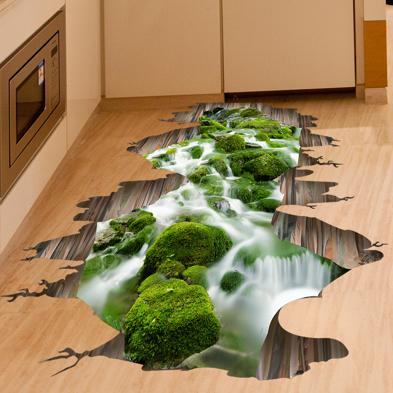 3D立体感墙贴纸贴画客厅厨房地板地贴溪流山水风景画防水自粘墙画