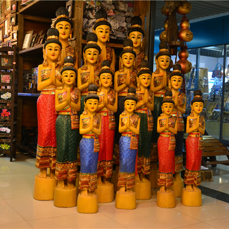 泰国门童工艺品  东南亚特色木雕迎宾女侍女人物雕塑摆件艺术品