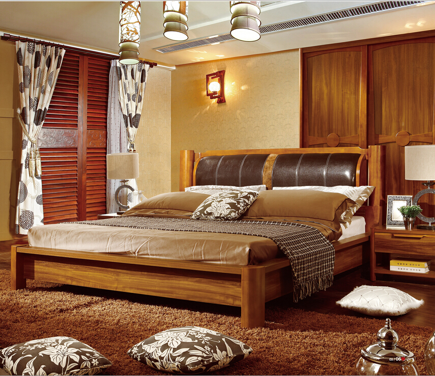 中式实木床皮软靠背婚庆双人床1.8米1.5米气动储物高箱床柚木色